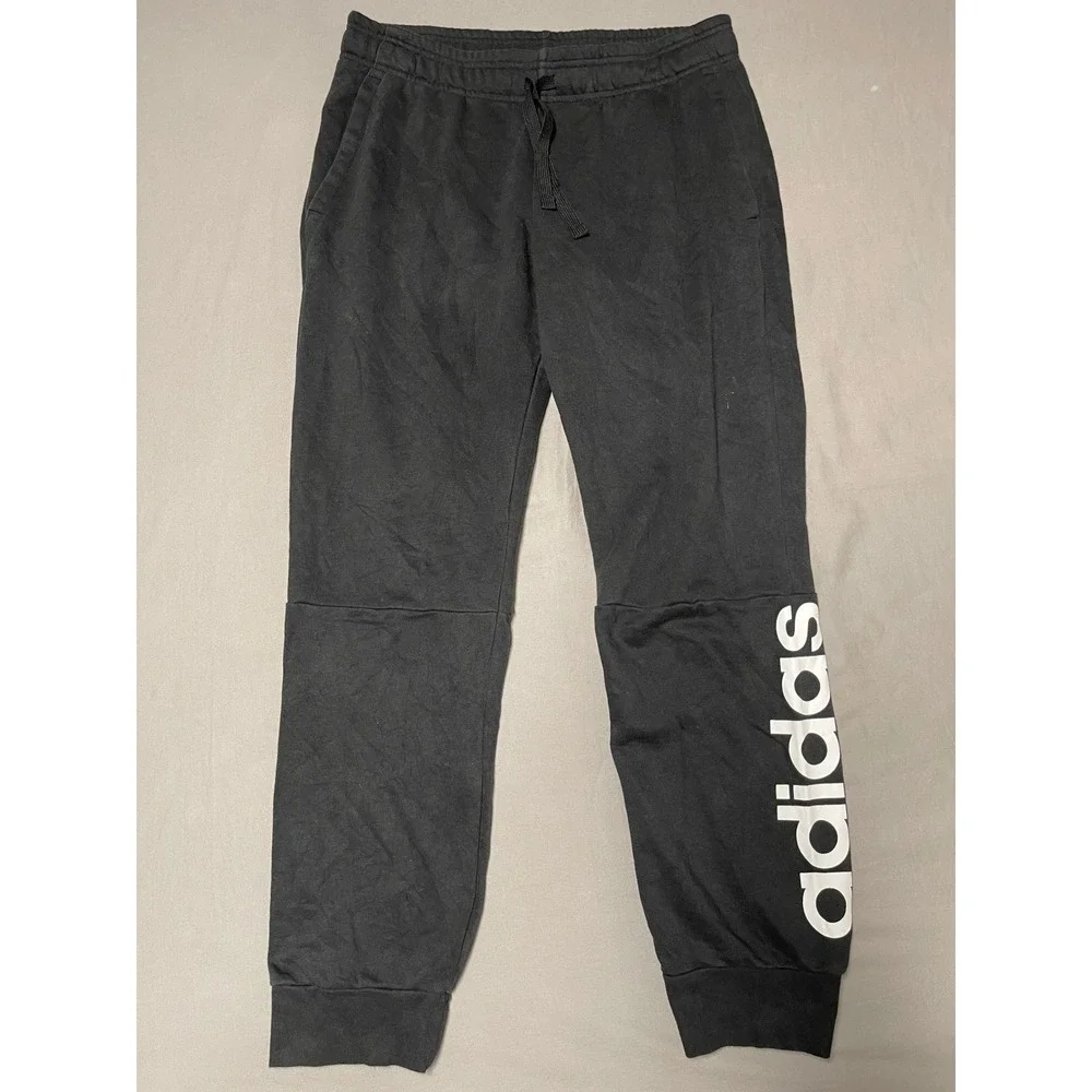 Adidas Mens Large Black Logo Joggers Sweatpants Drawstring Cuffed Pants